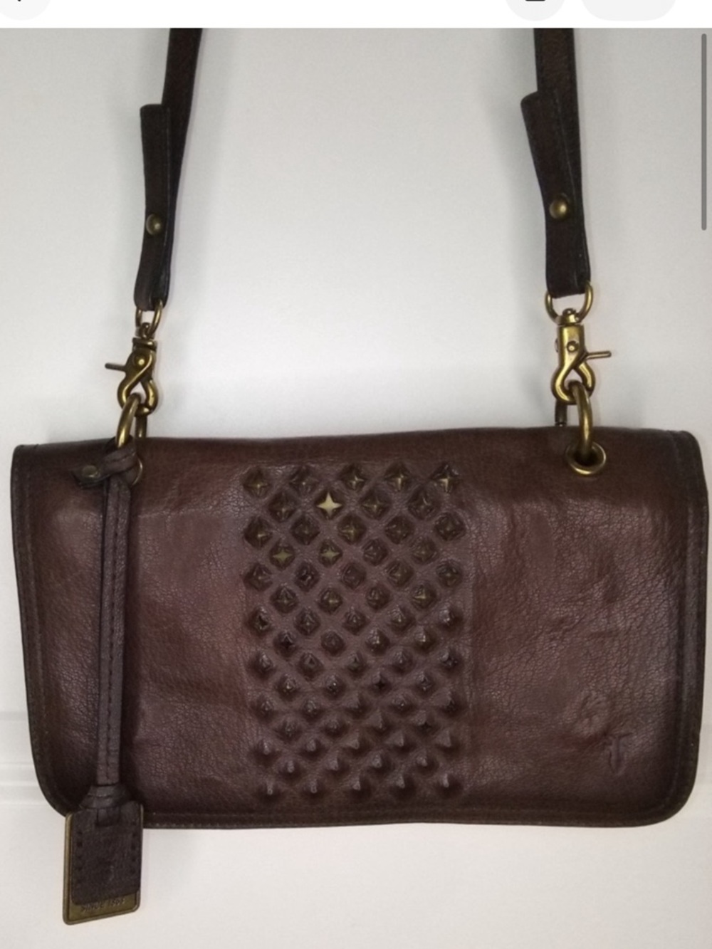 Frye Brown Leather Studded Crossbody Bag Boho Western Distressed Purse